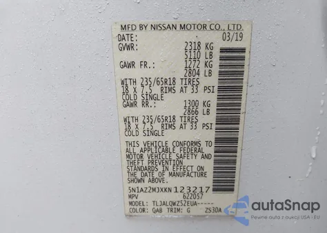 2019 Nissan Murano Sv из США, поврежденный, VIN 5N1AZ2MJXKN123217